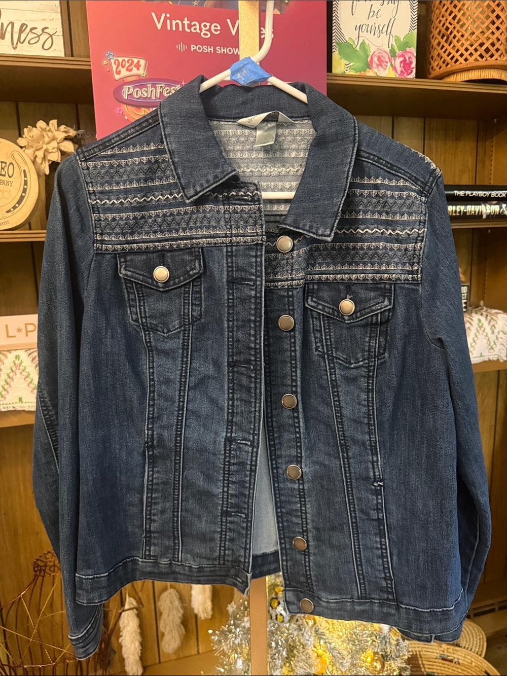 Christopher & Banks Dark Blue Denim Jacket with Embroidered Yoke